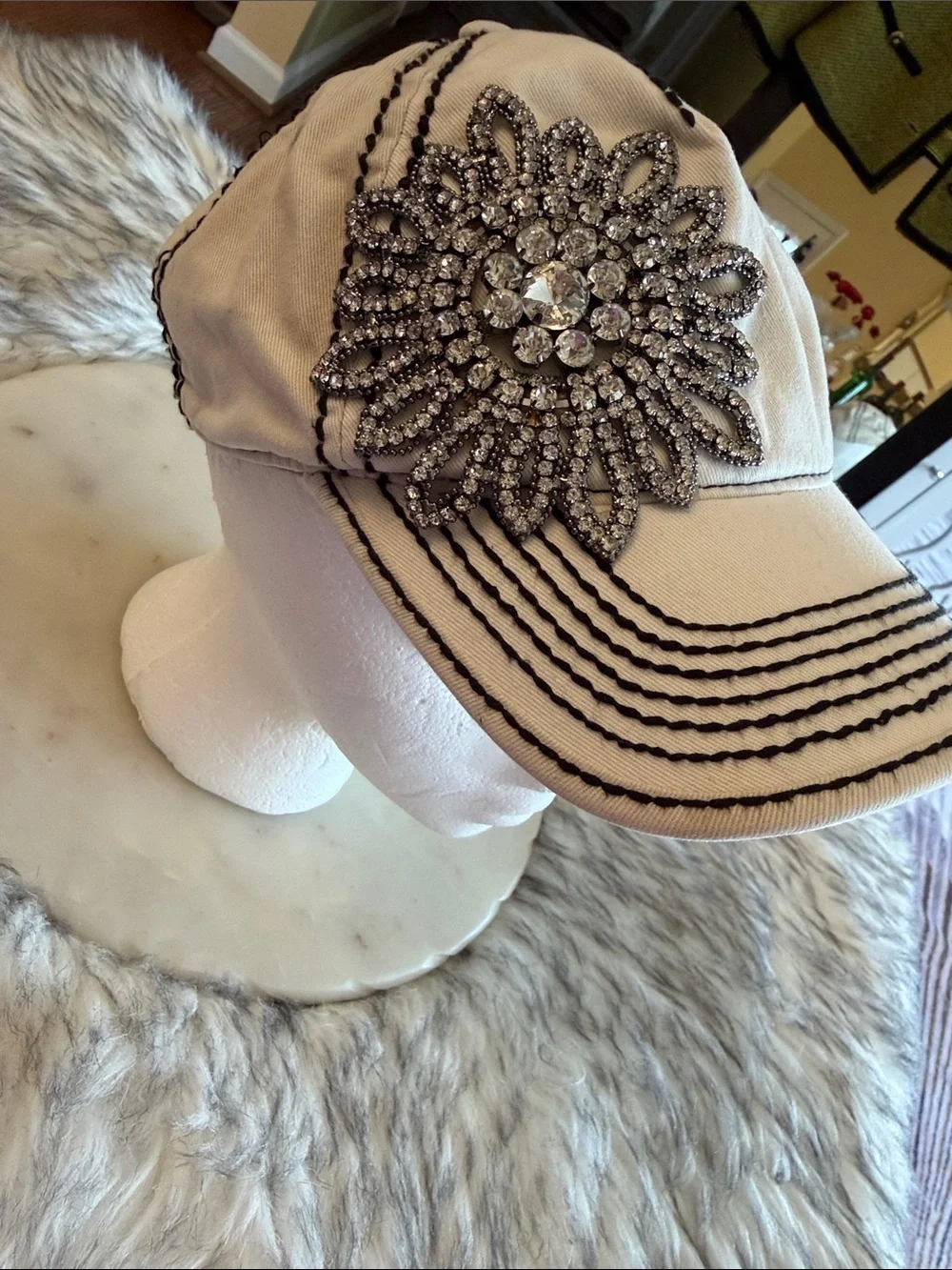 OLIVE & PIQUE Embellished Crystal Flower Baseball Cap - White
